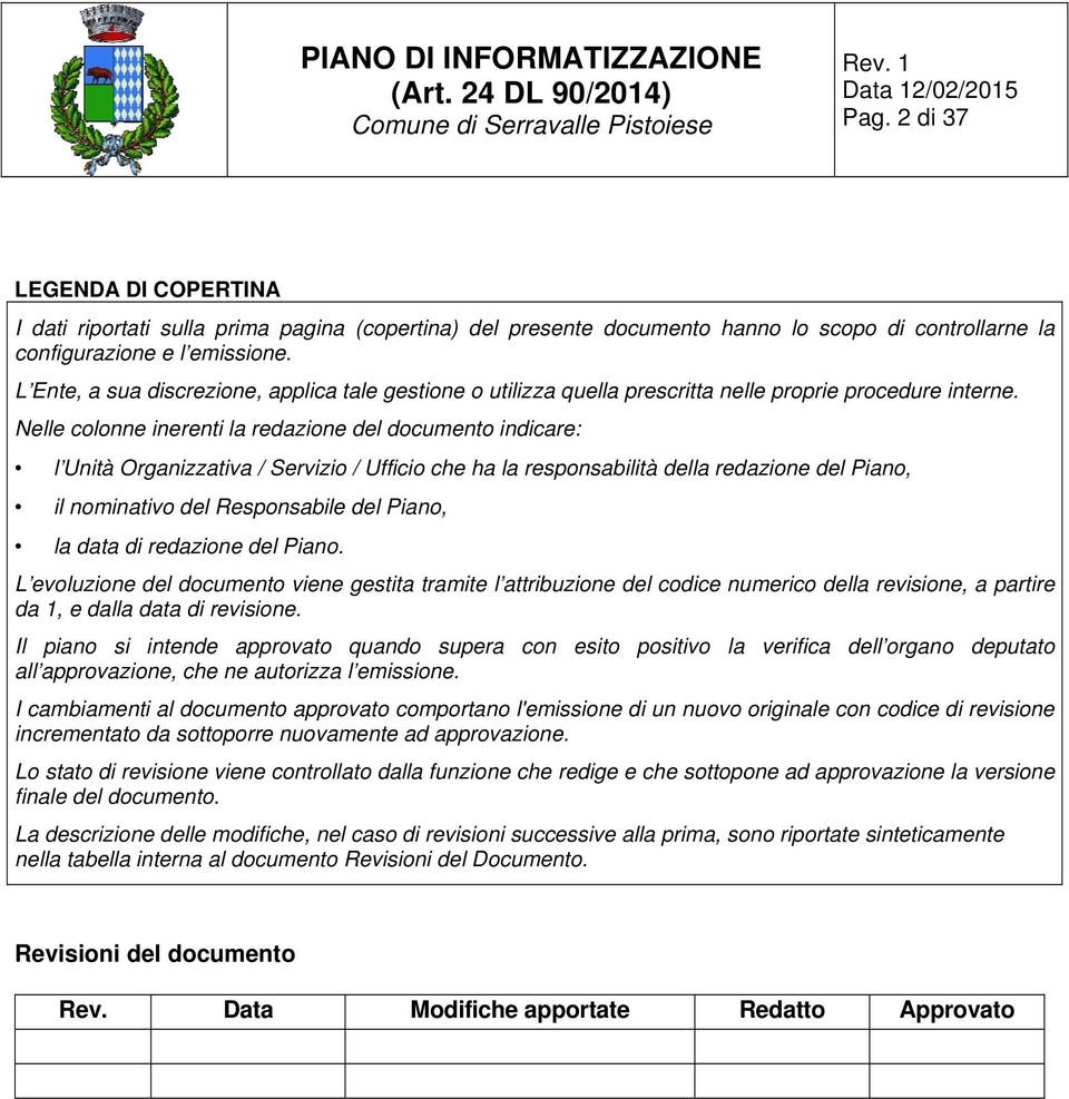 Nelle colonne inerenti la redazione del documento indicare: l Unità Organizzativa / Servizio / Ufficio che ha la responsabilità della redazione del Piano, il nominativo del Responsabile del Piano, la