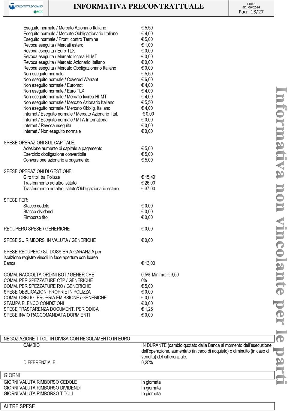 normale 5,50 Non eseguito normale / Covered Warrant 6,00 Non eseguito normale / Euromot 4,00 Non eseguito normale / Euro TLX 4,00 Non eseguito normale / Mercato Iccrea HI-MT 4,00 Non eseguito normale