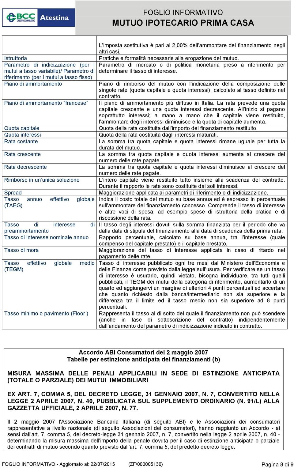 annuo Tasso di mora Tasso effettivo globale medio (TEGM) Tasso minimo o pavimento (Floor ) L imposta sostitutiva è pari al 2,00% dell ammontare del finanziamento negli altri casi.