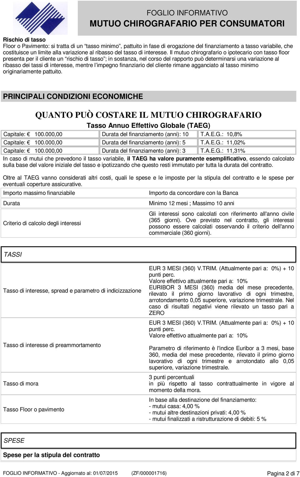 Il mutuo chirografario o ipotecario con tasso floor presenta per il cliente un rischio di tasso ; in sostanza, nel corso del rapporto può determinarsi una variazione al ribasso dei tassi di