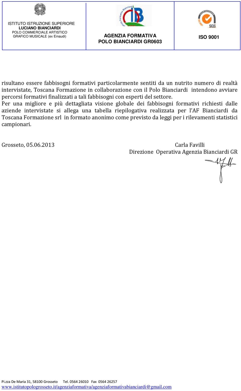 Per una migliore e più dettagliata visione globale dei fabbisogni formativi richiesti dalle aziende intervistate si allega una tabella riepilogativa realizzata per l AF Bianciardi da Toscana