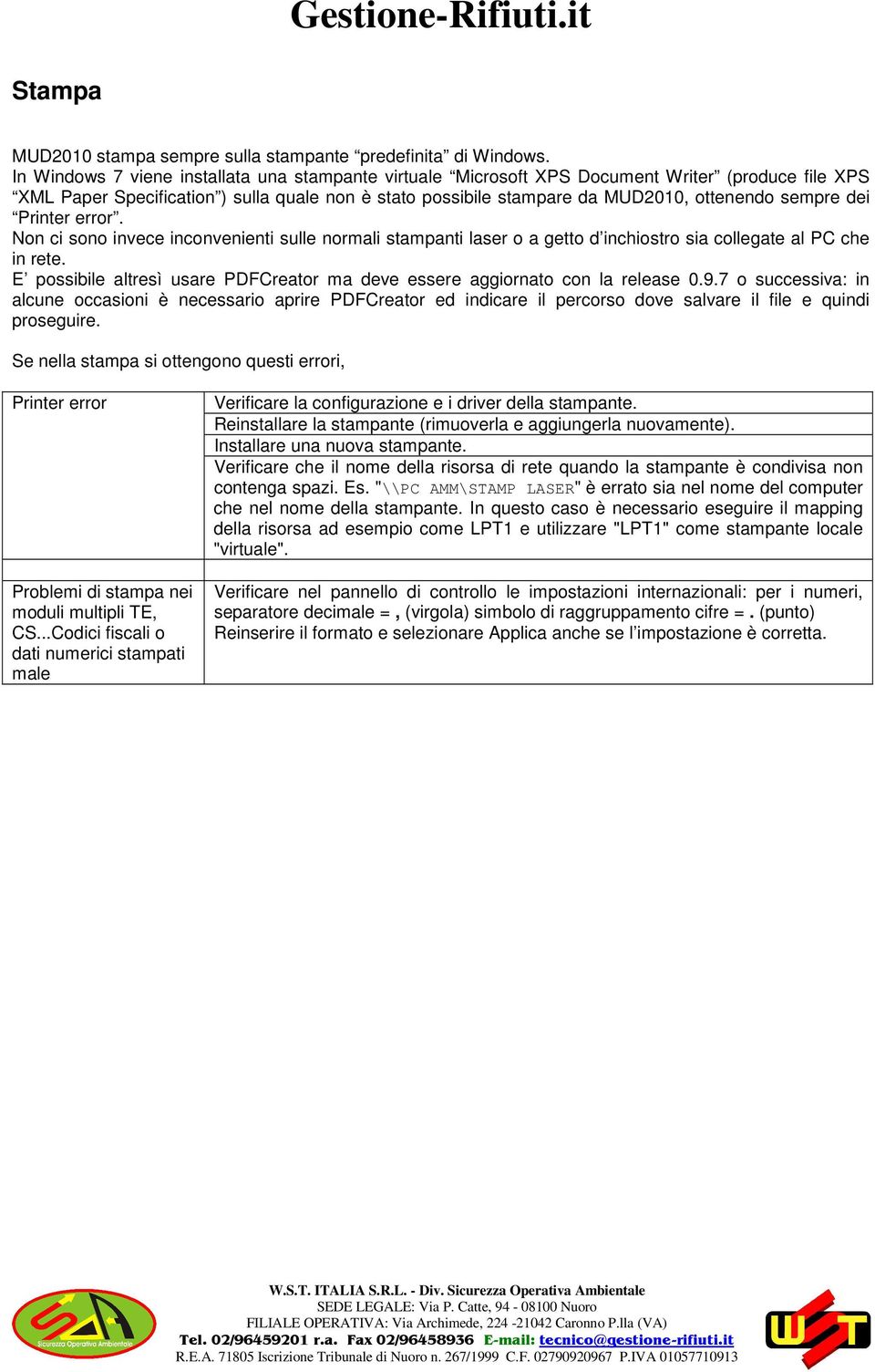 dei Printer error. Non ci sono invece inconvenienti sulle normali stampanti laser o a getto d inchiostro sia collegate al PC che in rete.