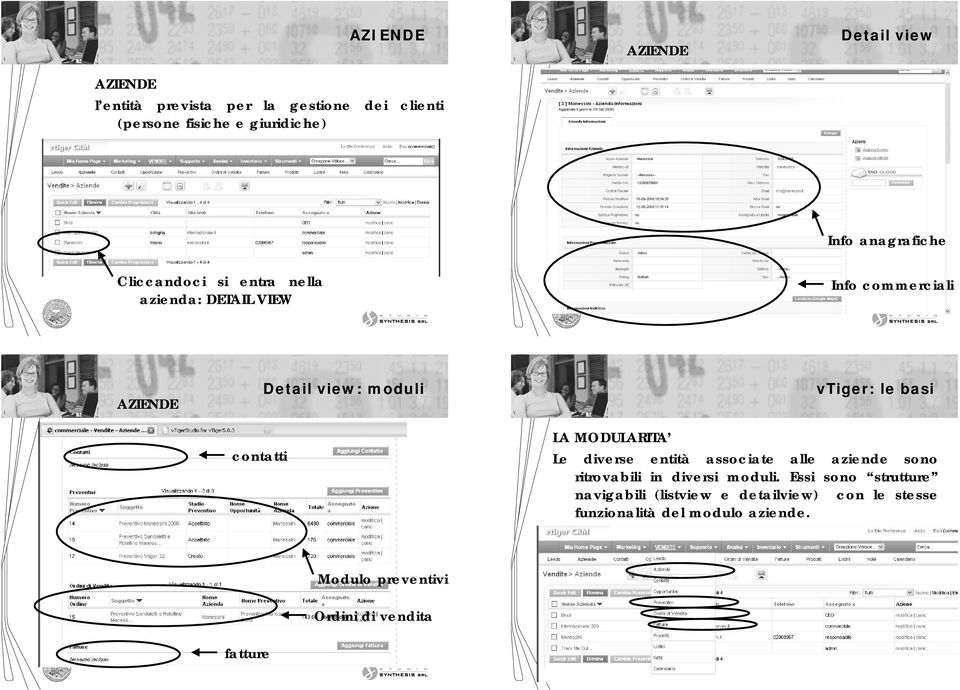 vtiger: le basi LA MODULARITA Le diverse entità associate alle aziende sono ritrovabili in diversi moduli.