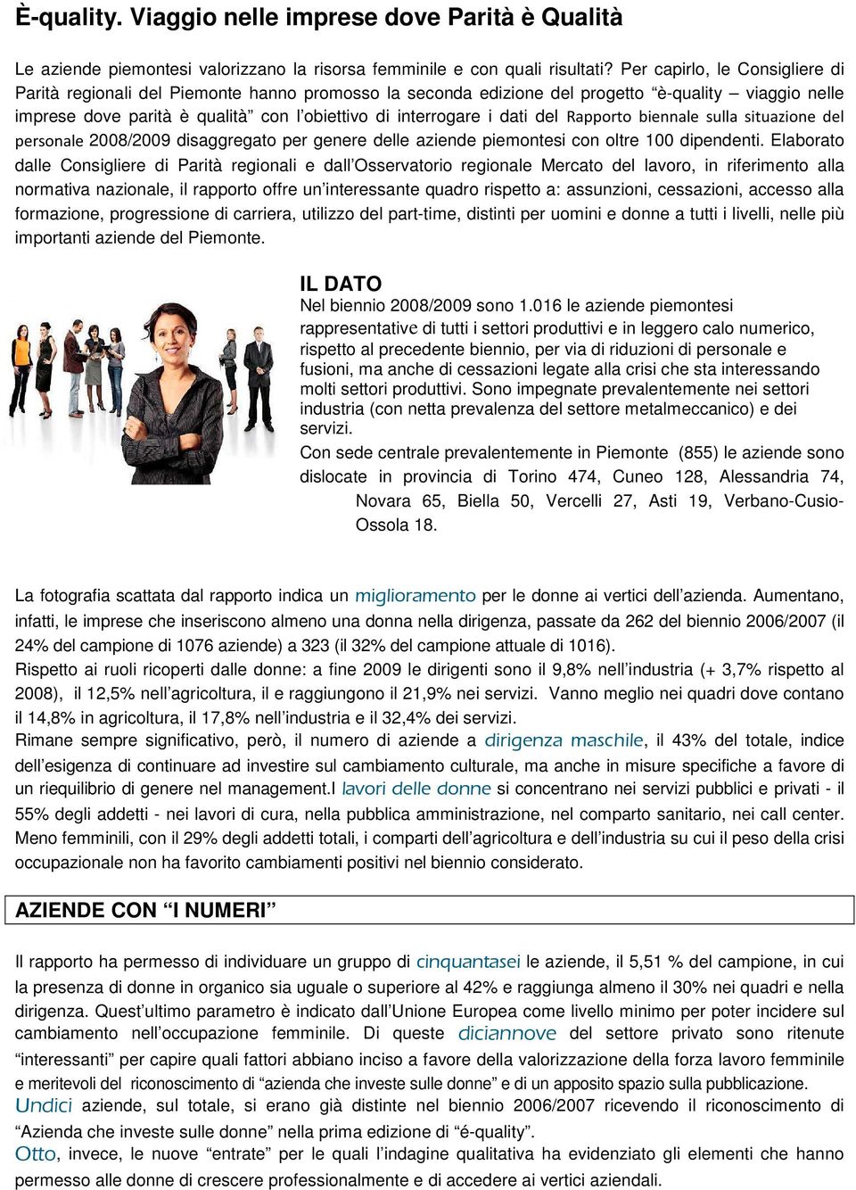 dati del Rapporto biennale sulla situazione del personale 2008/2009 disaggregato per genere delle aziende piemontesi con oltre 100 dipendenti.