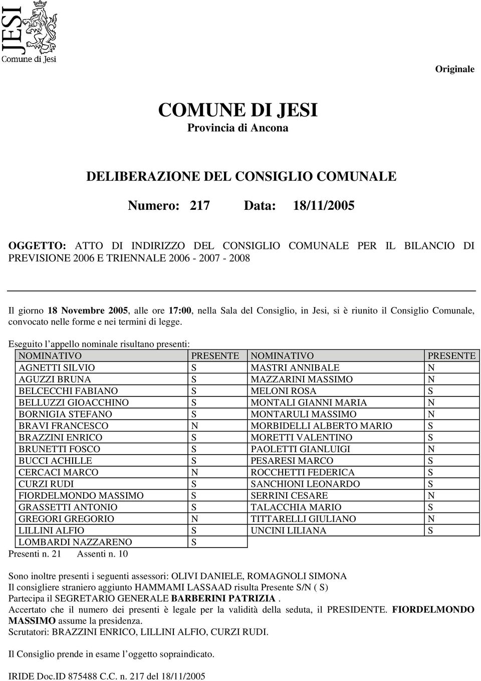 Eseguito l appello nominale risultano presenti: NOMINATIVO PRESENTE NOMINATIVO PRESENTE AGNETTI SILVIO S MASTRI ANNIBALE N AGUZZI BRUNA S MAZZARINI MASSIMO N BELCECCHI FABIANO S MELONI ROSA S