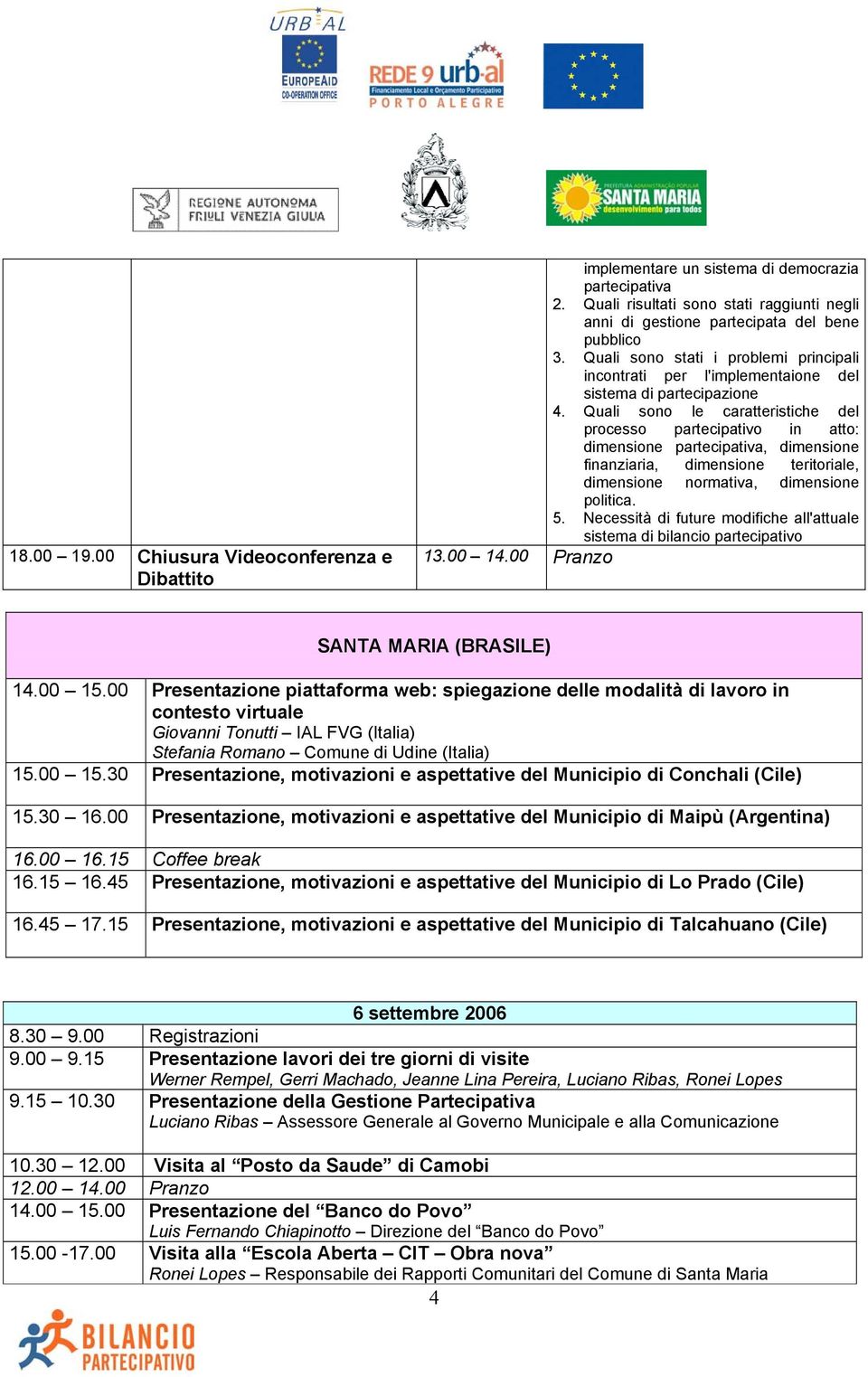 dimensione normativa, dimensione politica. 5. Necessità di future modifiche all'attuale sistema di bilancio partecipativo 13.00 14.00 Pranzo 14.00 15.