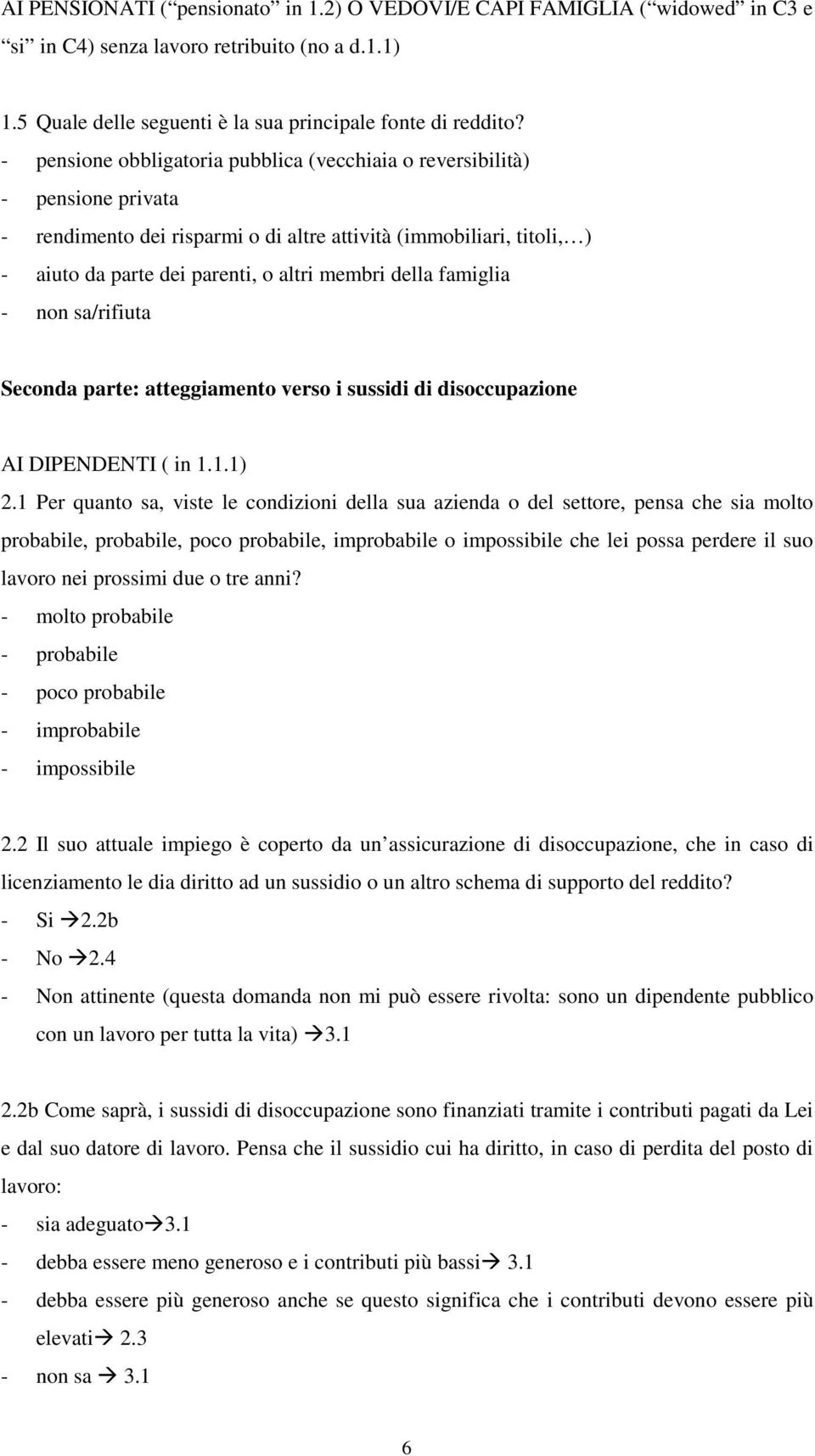 della famiglia - non sa/rifiuta Seconda parte: atteggiamento verso i sussidi di disoccupazione AI DIPENDENTI ( in 1.1.1) 2.