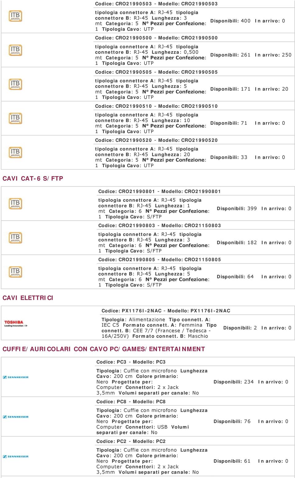 Codice: CRO299050 - Modello: CRO299050 connettore B: RJ-45 Lunghezza: 0 Tipologia Cavo: UTP Disponibili: 7 In arrivo: 0 Codice: CRO2990520 - Modello: CRO2990520 connettore B: RJ-45 Lunghezza: 20