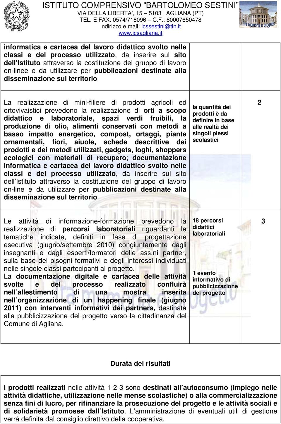 laboratoriale, spazi verdi fruibili, la produzione di olio, alimenti conservati con metodi a basso impatto energetico, compost, ortaggi, piante ornamentali, fiori, aiuole, schede descrittive dei