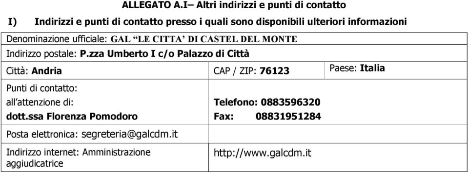 Denominazione ufficiale: GAL LE CITTA DI CASTEL DEL MONTE Indirizzo postale: P.