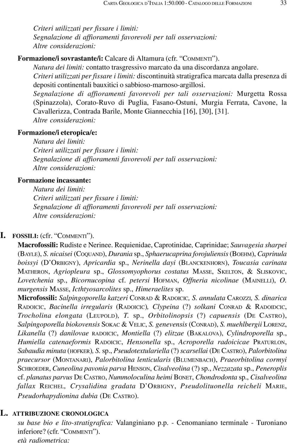 Altamura (cfr. COMMENTI ). Natura dei limiti: contatto trasgressivo marcato da una discordanza angolare.