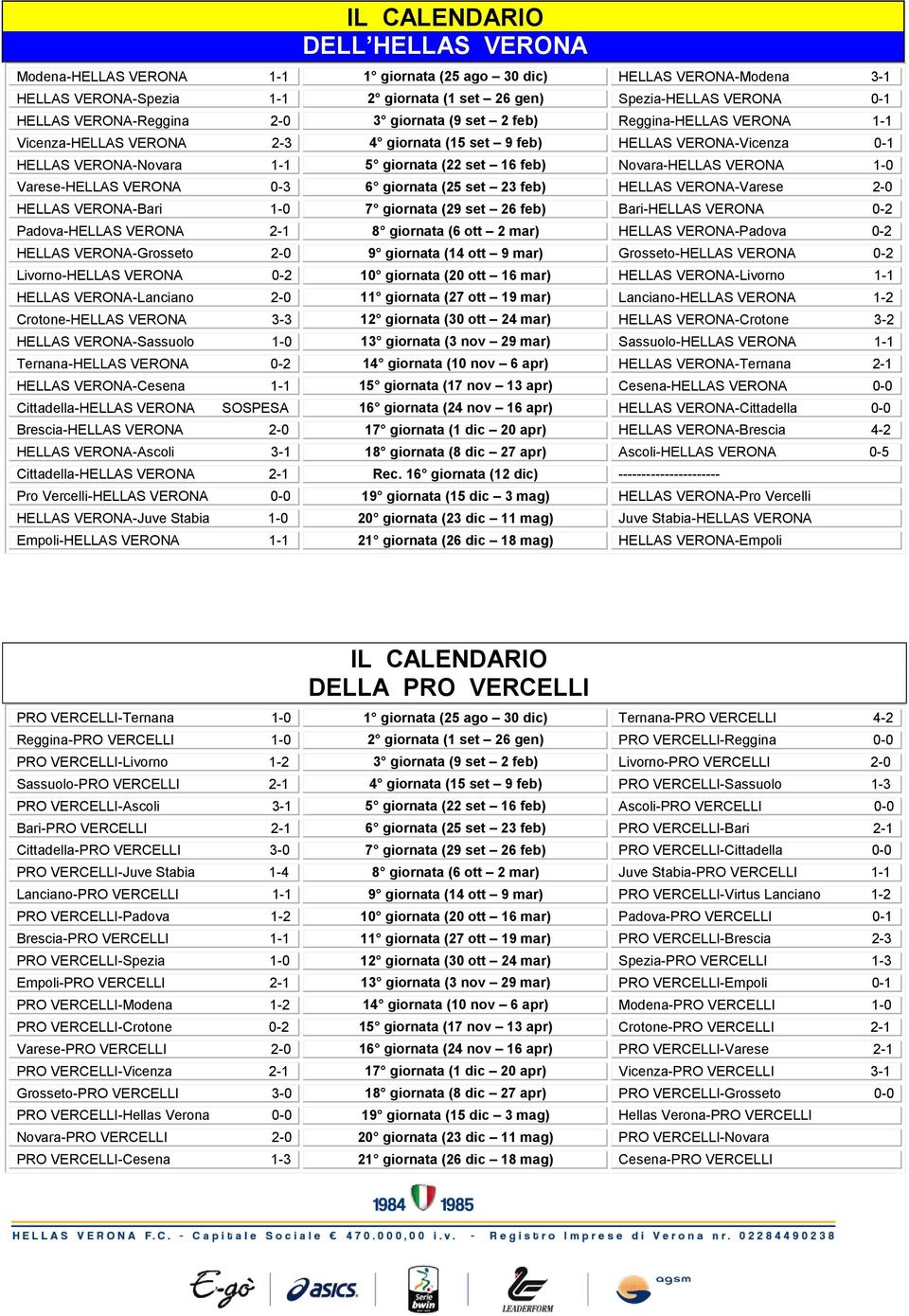 giornata ( set feb) HELLAS VERONA-Varese - HELLAS VERONA-Bari - 7 giornata (9 set 6 feb) Bari-HELLAS VERONA - Padova-HELLAS VERONA - 8 giornata (6 ott mar) HELLAS VERONA-Padova - HELLAS