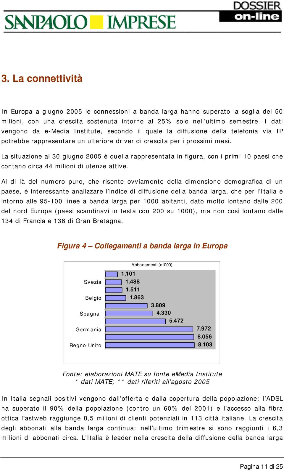 La situazione al 30 giugno 2005 è quella rappresentata in figura, con i primi 10 paesi che contano circa 44 milioni di utenze attive.