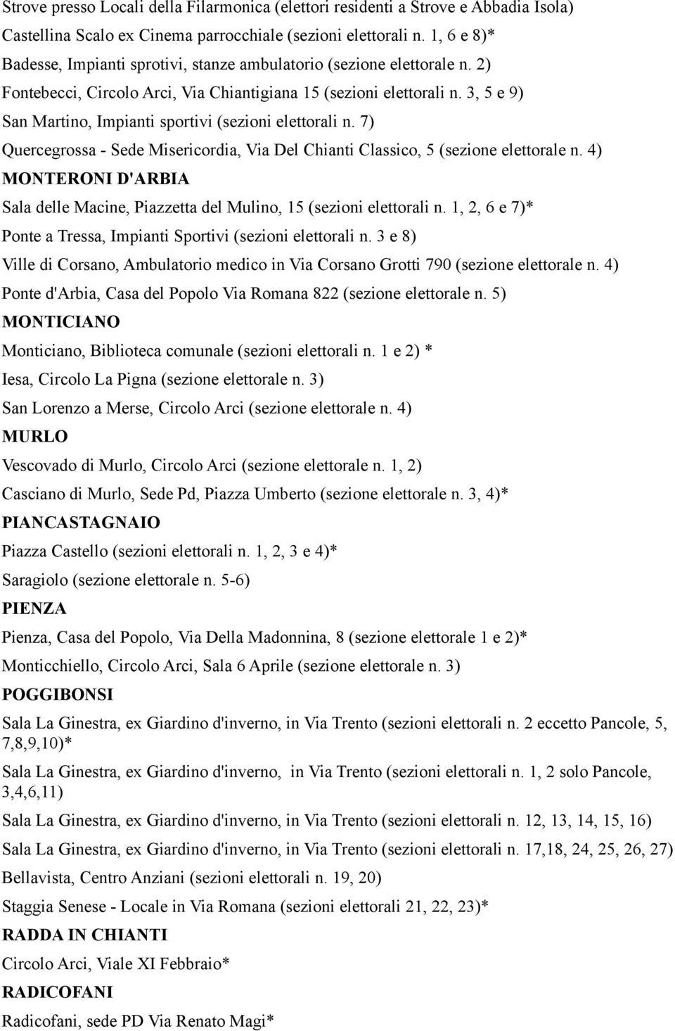 3, 5 e 9) San Martino, Impianti sportivi (sezioni elettorali n. 7) Quercegrossa - Sede Misericordia, Via Del Chianti Classico, 5 (sezione elettorale n.