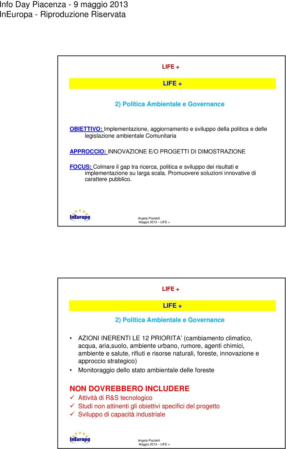 Maggio 2013 2) Politica Ambientale e Governance AZIONI INERENTI LE 12 PRIORITA (cambiamento climatico, acqua, aria,suolo, ambiente urbano, rumore, agenti chimici, ambiente e salute, rifiuti e risorse