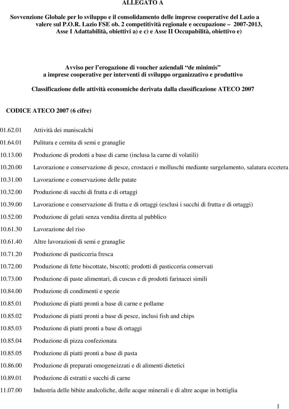 cooperative per interventi di sviluppo organizzativo e produttivo Classificazione delle attività economiche derivata dalla classificazione ATECO 2007 CODICE ATECO 2007 (6 cifre) 01.62.