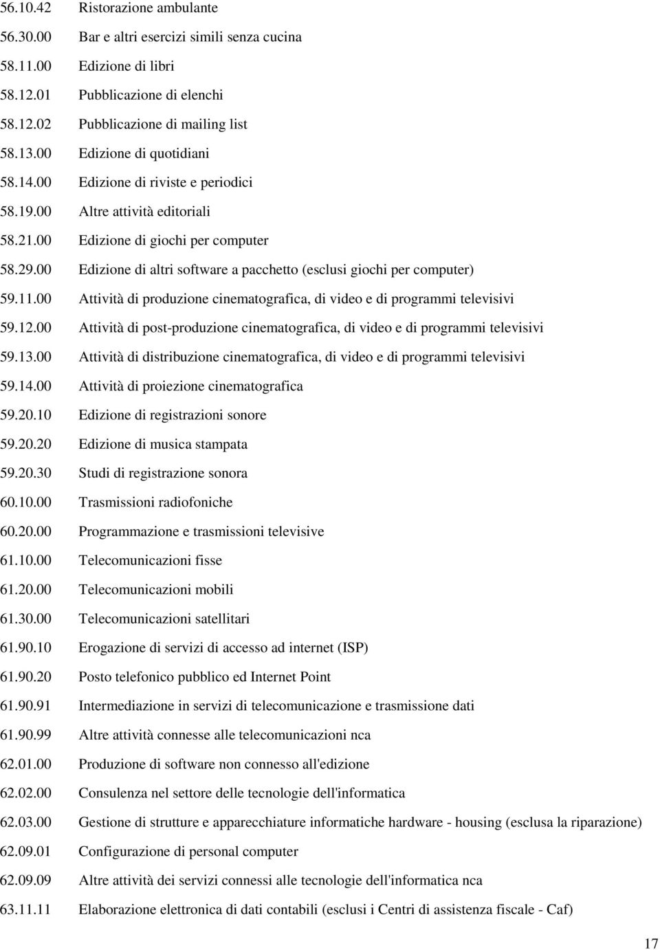 00 Edizione di altri software a pacchetto (esclusi giochi per computer) 59.11.00 Attività di produzione cinematografica, di video e di programmi televisivi 59.12.