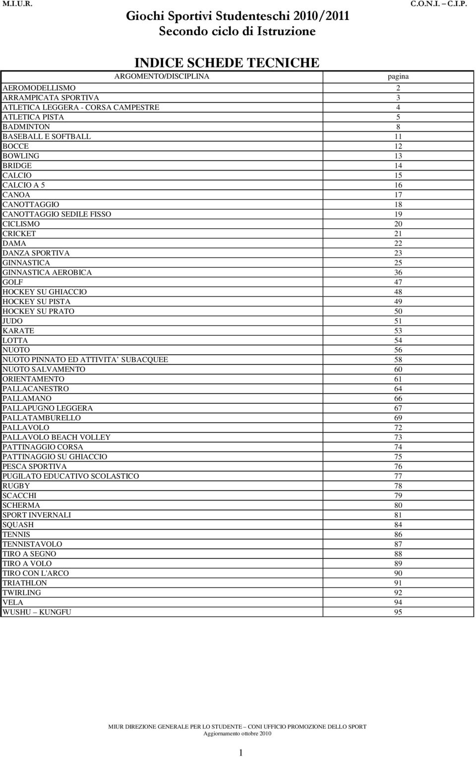 HOCKEY SU PISTA 49 HOCKEY SU PRATO 50 JUDO 51 KARATE 53 LOTTA 54 NUOTO 56 NUOTO PINNATO ED ATTIVITA SUBACQUEE 58 NUOTO SALVAMENTO 60 ORIENTAMENTO 61 PALLACANESTRO 64 PALLAMANO 66 PALLAPUGNO LEGGERA