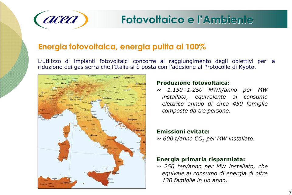 250 MWh/anno per MW installato, equivalente al consumo elettrico annuo di circa 450 famiglie composte da tre persone.