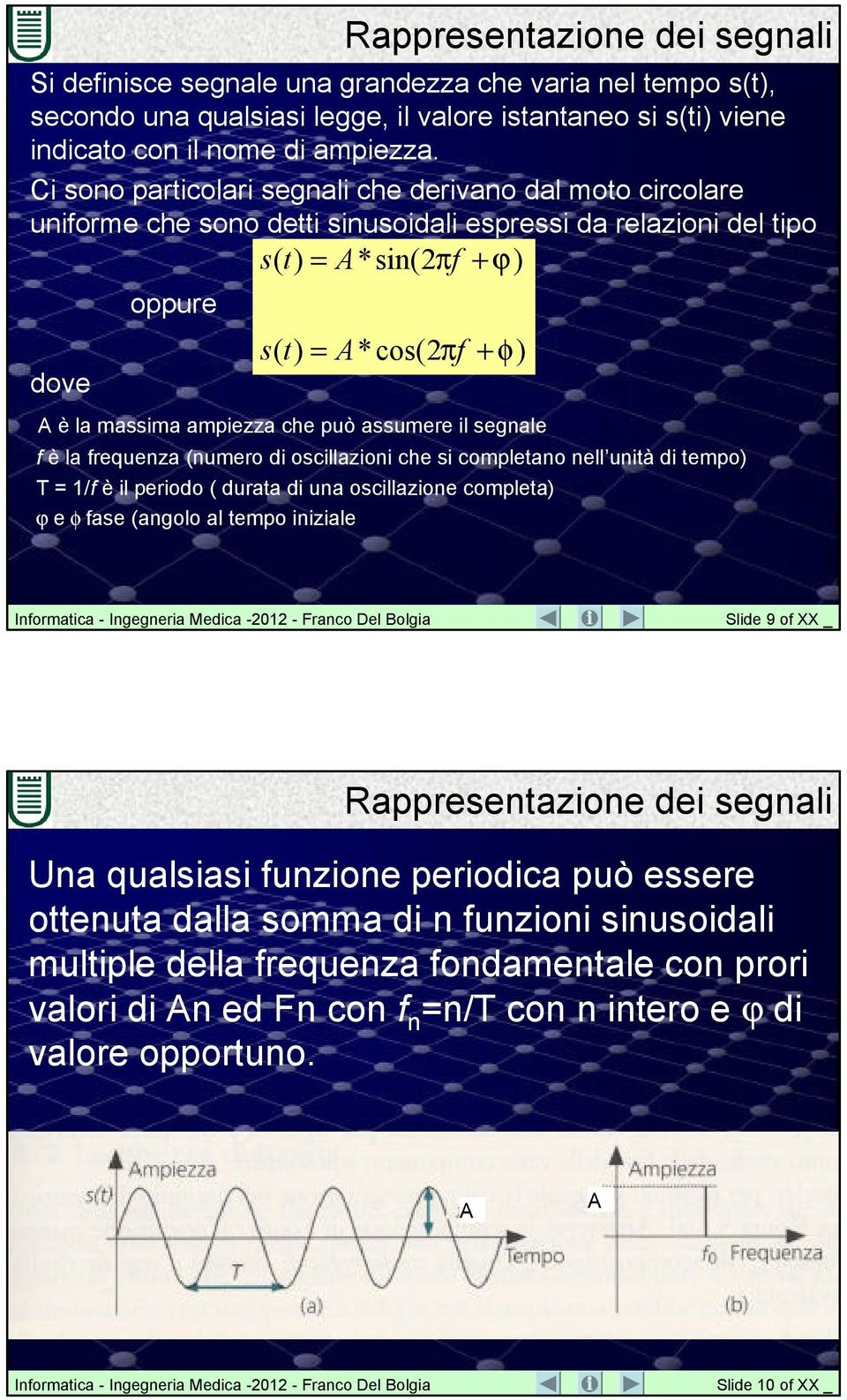 ampiezza che può assumere il segnale f è la frequenza (numero di oscillazioni che si completano nell unità di tempo) T = 1/f è il periodo ( durata di una oscillazione completa) ϕ e φ fase (angolo al