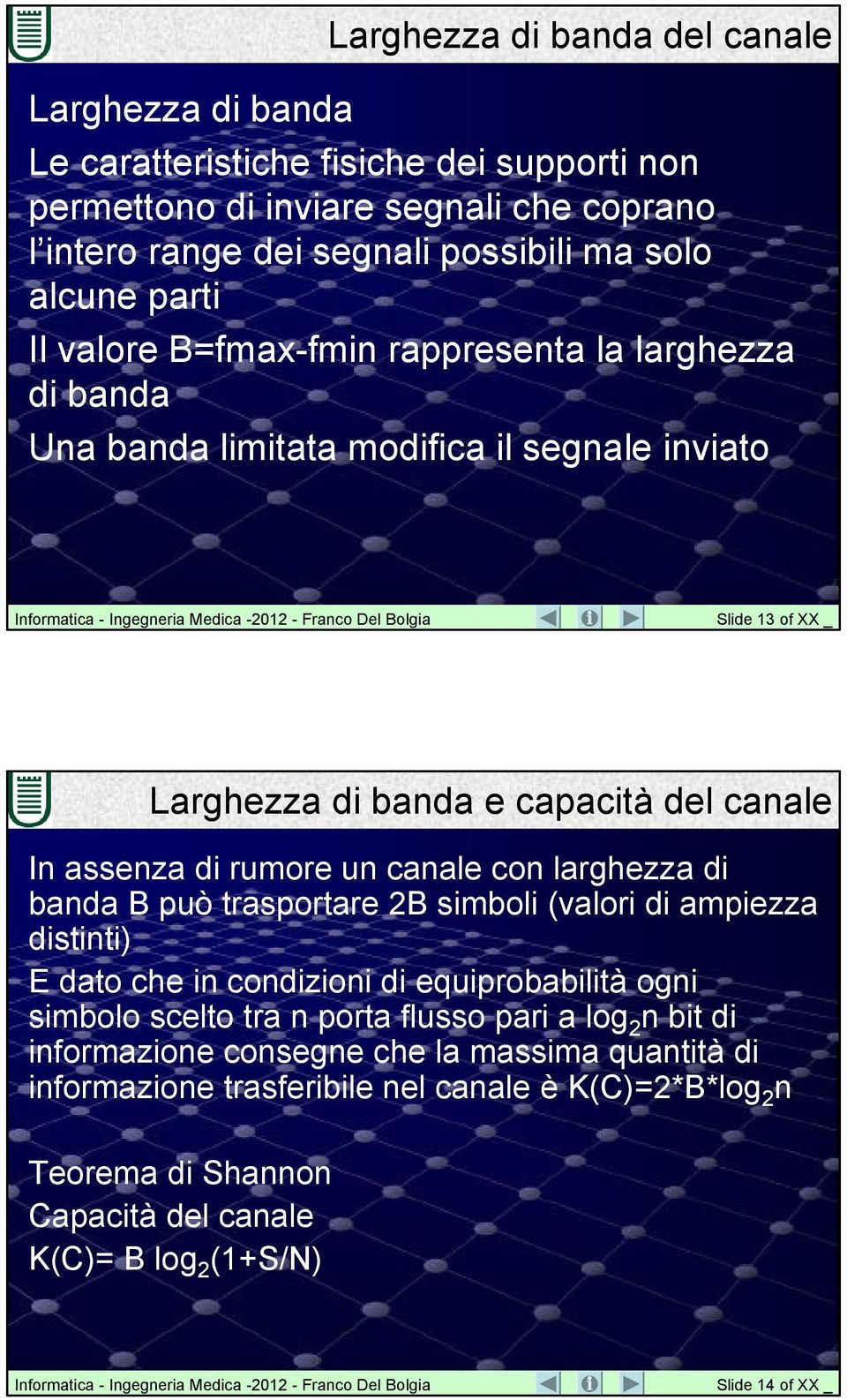 un canale con larghezza di banda B può trasportare 2B simboli (valori di ampiezza distinti) E dato che in condizioni di equiprobabilità ogni simbolo scelto tra n porta flusso pari a log 2