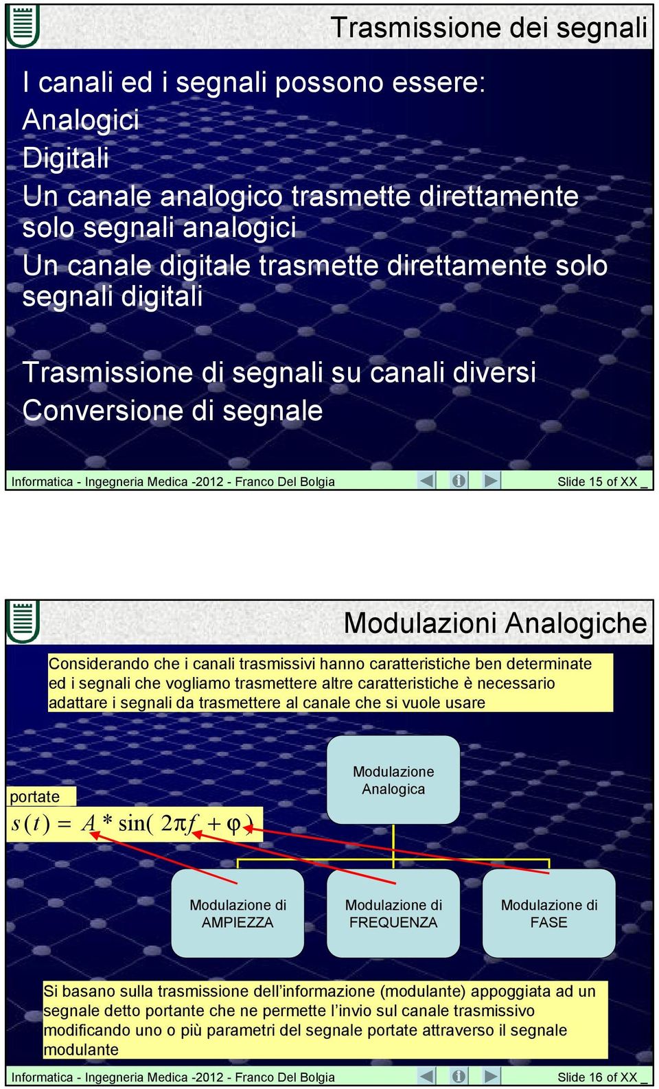 ed i segnali che vogliamo trasmettere altre caratteristiche è necessario adattare i segnali da trasmettere al canale che si vuole usare portate s( t ) = A * sin( 2π f + ϕ ) Modulazione Analogica