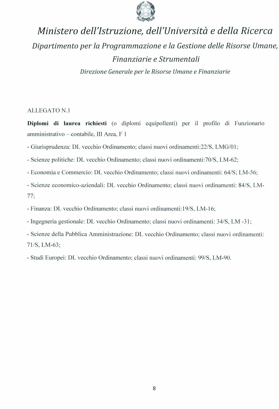 LMG/O l; - Scienze politiche: DL vecchio Ordinamento; classi nuovi ordinamenti:70/s, LM-62; - Economia e Commercio: DL vecchio Ordinamento; classi nuovi ordinamenti: 64/S; LM-56; - Scienze