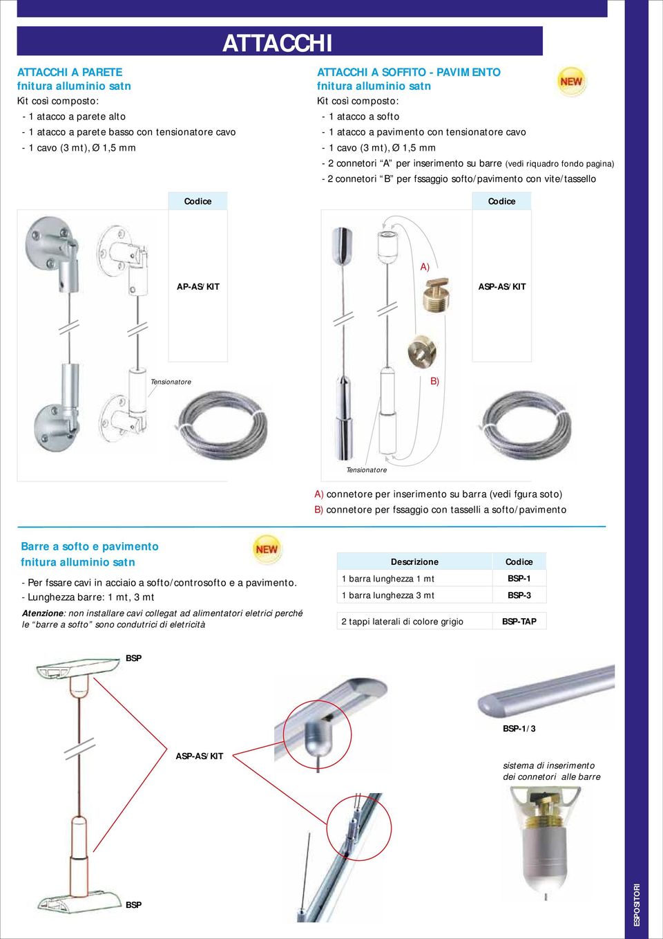 pagina) - 2 connetori B per fssaggio softo/pavimento con vite/tassello A) AP-AS/KIT ASP-AS/KIT Tensionatore B) Tensionatore A) connetore per inserimento su barra (vedi fgura soto) B) connetore per