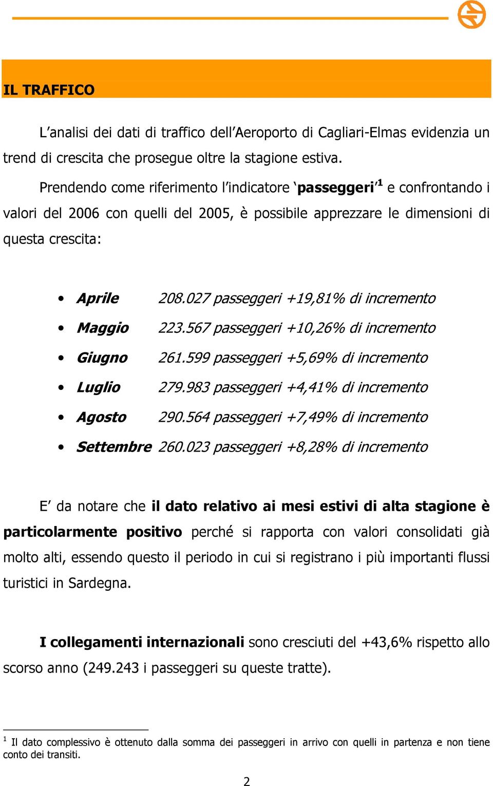 208.027 passeggeri +19,81% di incremento 223.567 passeggeri +10,26% di incremento 261.599 passeggeri +5,69% di incremento 279.983 passeggeri +4,41% di incremento 290.