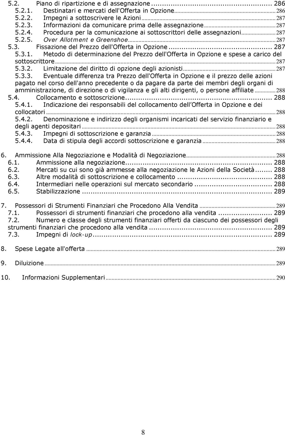 Fissazione del Prezzo dell'offerta in Opzione... 287 5.3.1. Metodo di determinazione del Prezzo dell'offerta in Opzione e spese a carico del sottoscrittore...287 5.3.2. Limitazione del diritto di opzione degli azionisti.