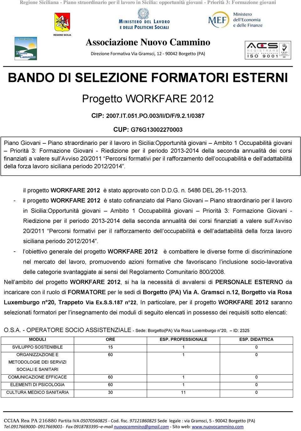 Giovani - Riedizione per il periodo 2013-2014 della seconda annualità dei corsi finanziati a valere sull Avviso 20/2011 Percorsi formativi per il rafforzamento dell occupabilità e dell adattabilità