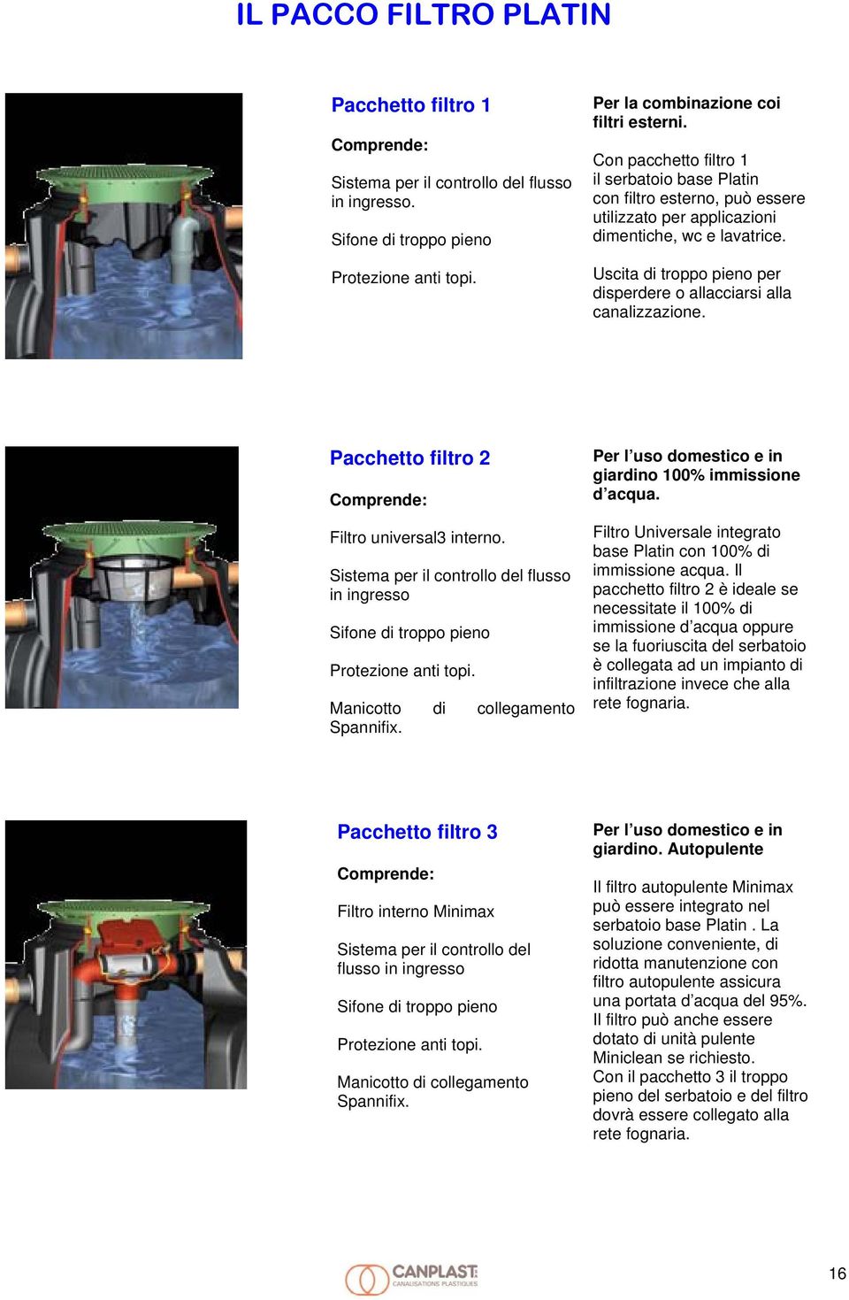 Uscita di troppo pieno per disperdere o allacciarsi alla canalizzazione. Pacchetto filtro 2 Comprende: Filtro universal3 interno.