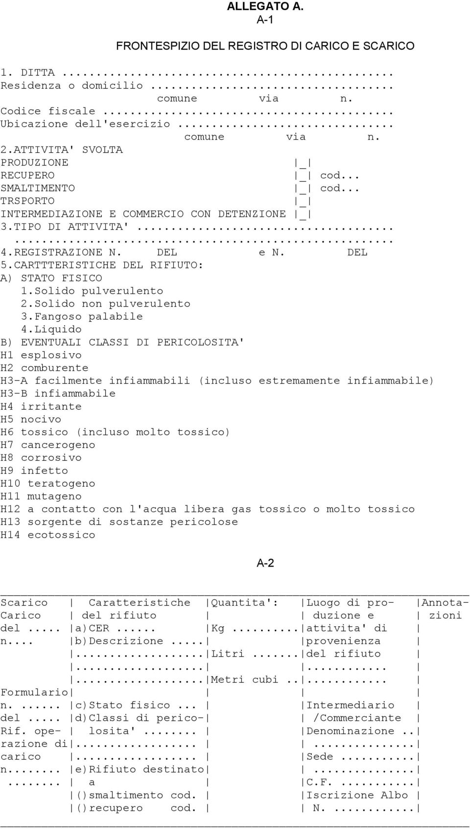 CARTTTERISTICHE DEL RIFIUTO: A) STATO FISICO 1.Solido pulverulento 2.Solido non pulverulento 3.Fangoso palabile 4.