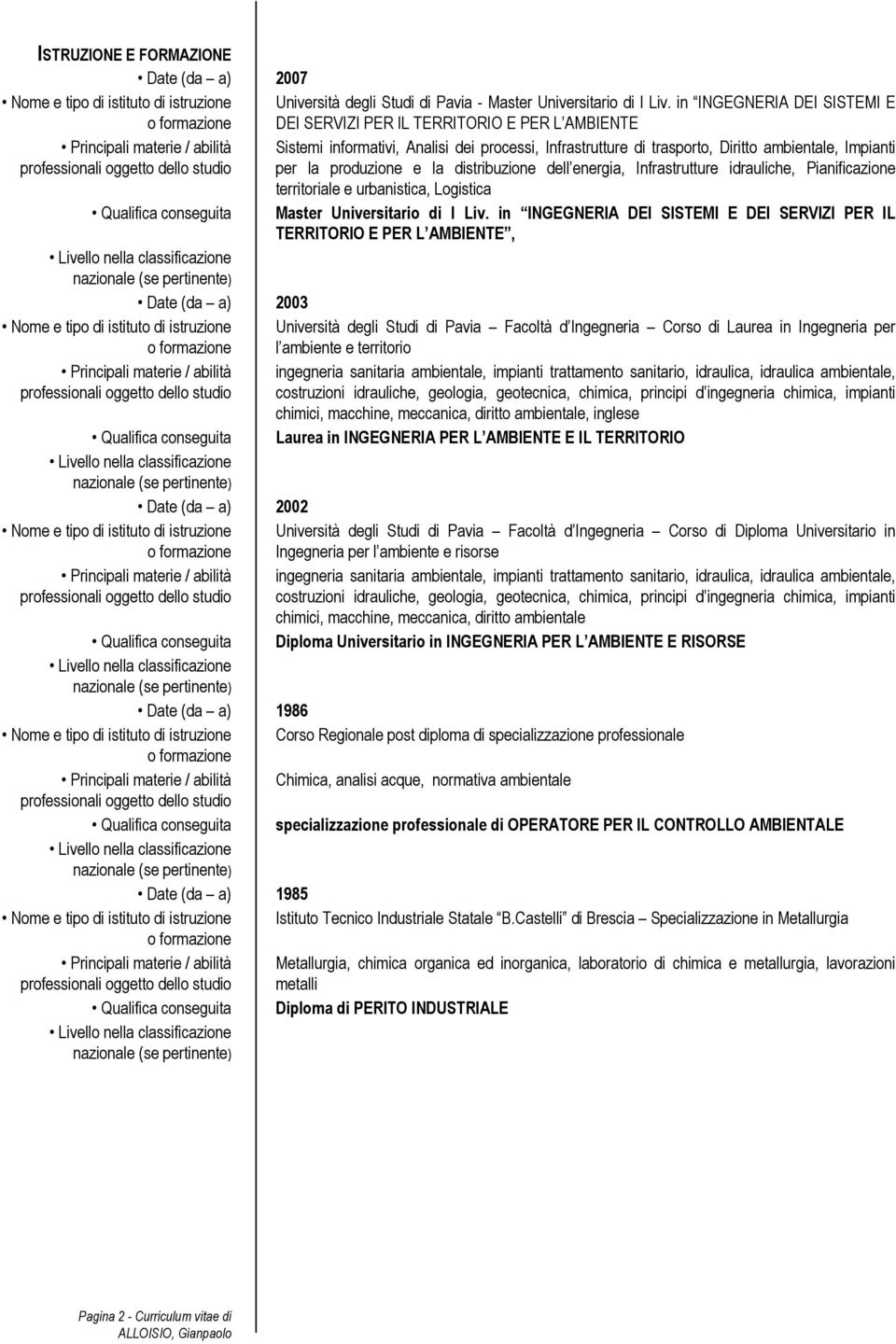 ambientale, Impianti professionali oggetto dello studio per la produzione e la distribuzione dell energia, Infrastrutture idrauliche, Pianificazione territoriale e urbanistica, Logistica Qualifica