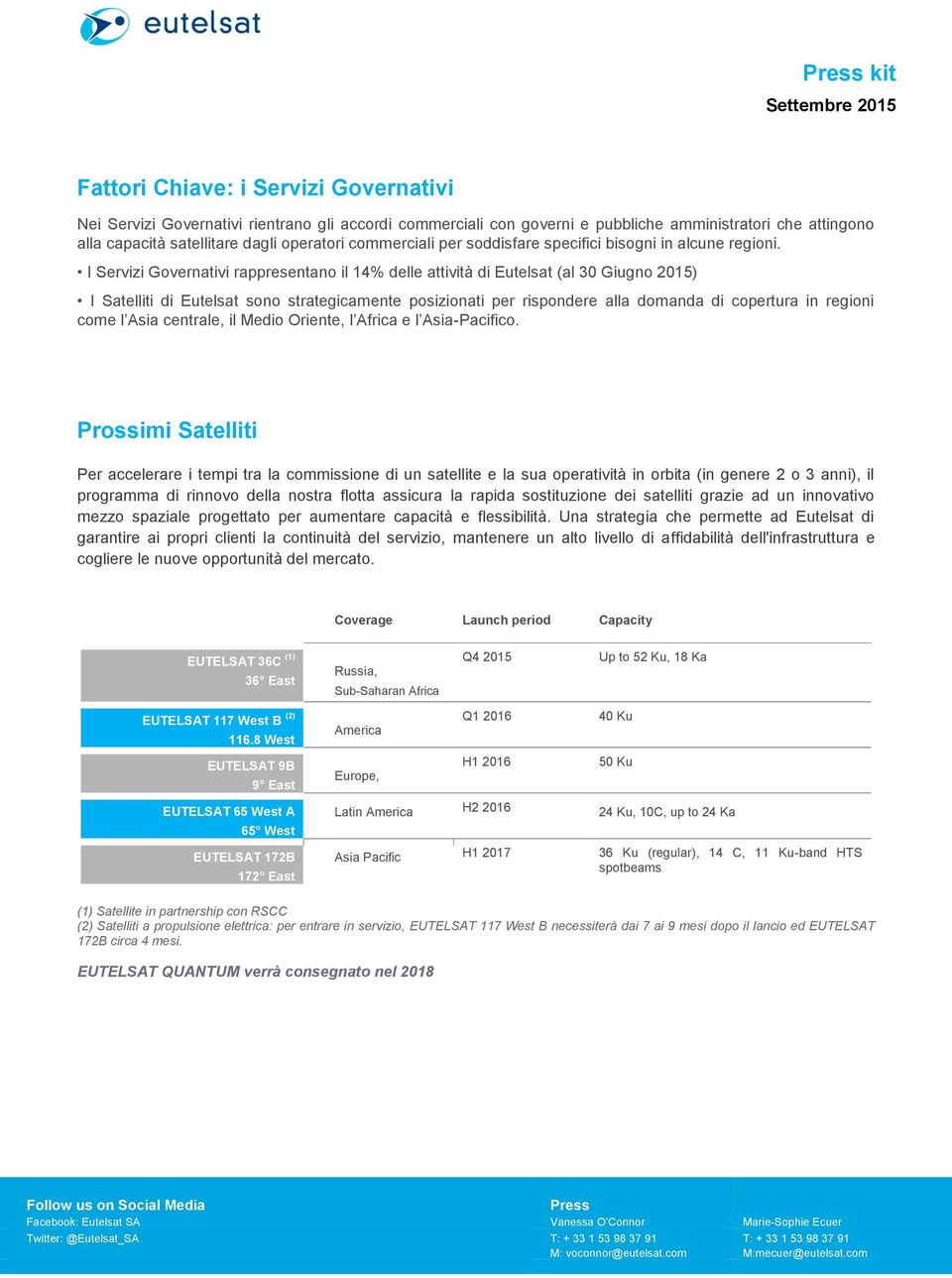 I Servizi Governativi rappresentano il 14% delle attività di Eutelsat (al 30 Giugno 2015) I Satelliti di Eutelsat sono strategicamente posizionati per rispondere alla domanda di copertura in regioni