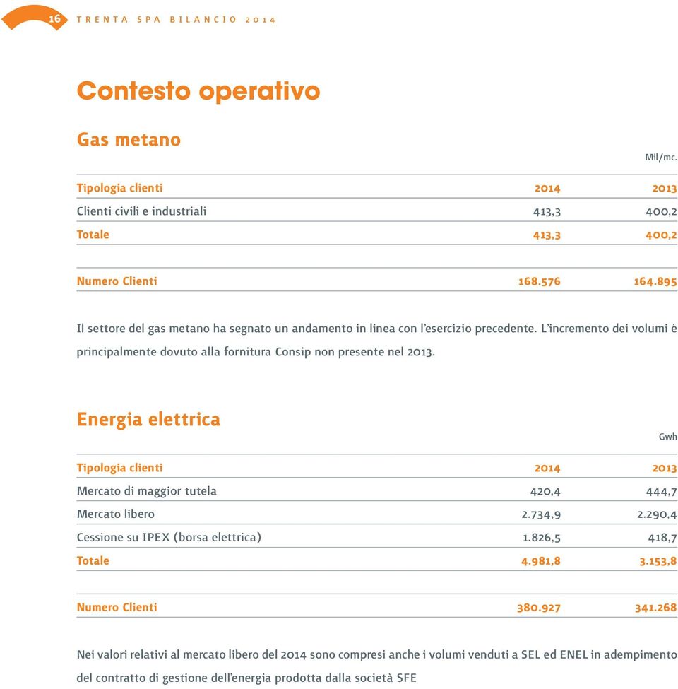 Energia elettrica Gwh Tipologia clienti 2014 2013 Mercato di maggior tutela 420,4 444,7 Mercato libero 2.734,9 2.290,4 Cessione su IPEX (borsa elettrica) 1.826,5 418,7 Totale 4.981,8 3.