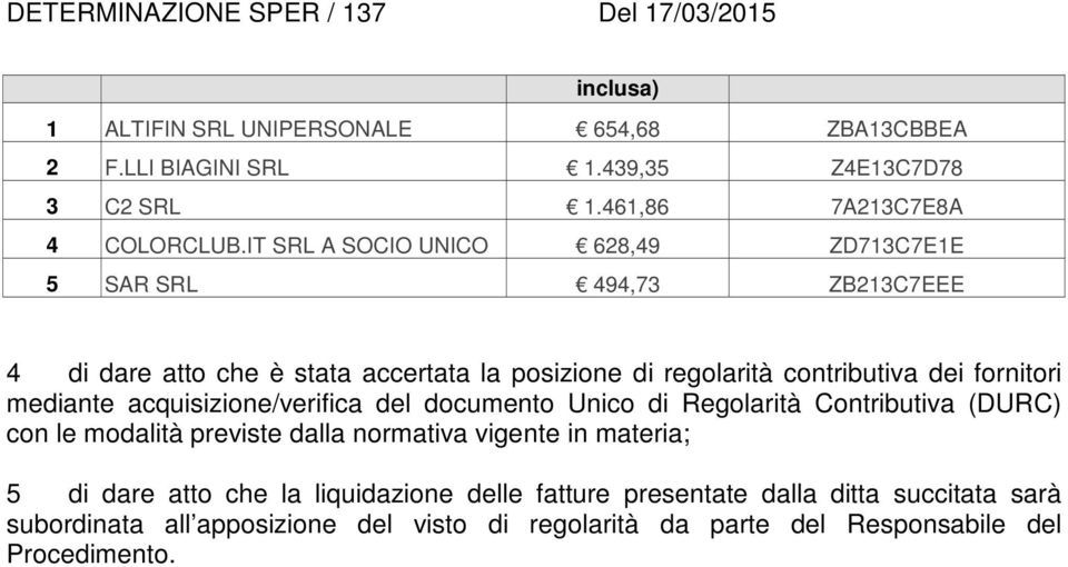 mediante acquisizione/verifica del documento Unico di Regolarità Contributiva (DURC) con le modalità previste dalla normativa vigente in materia; 5 di