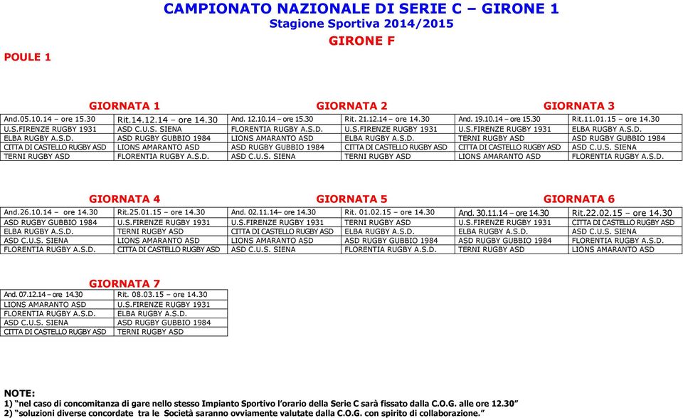 U.S. SIENA TERNI RUGBY ASD FLORENTIA RUGBY A.S.D. ASD C.U.S. SIENA TERNI RUGBY ASD LIONS AMARANTO ASD FLORENTIA RUGBY A.S.D. GIORNATA 6 And.26.10.14 ore 14.30 Rit.25.01.15 ore 14.30 And. 02.11.