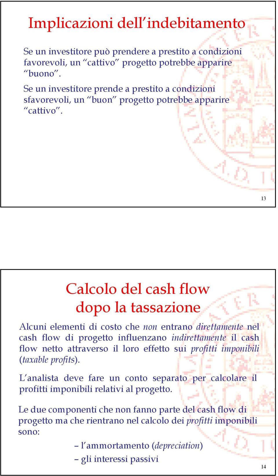 13 Calcolo del cash flow dopo la tassazione Alcuni elementi di costo che non entrano direttamente nel cash flow di progetto influenzano indirettamente il cash flow netto attraverso il loro