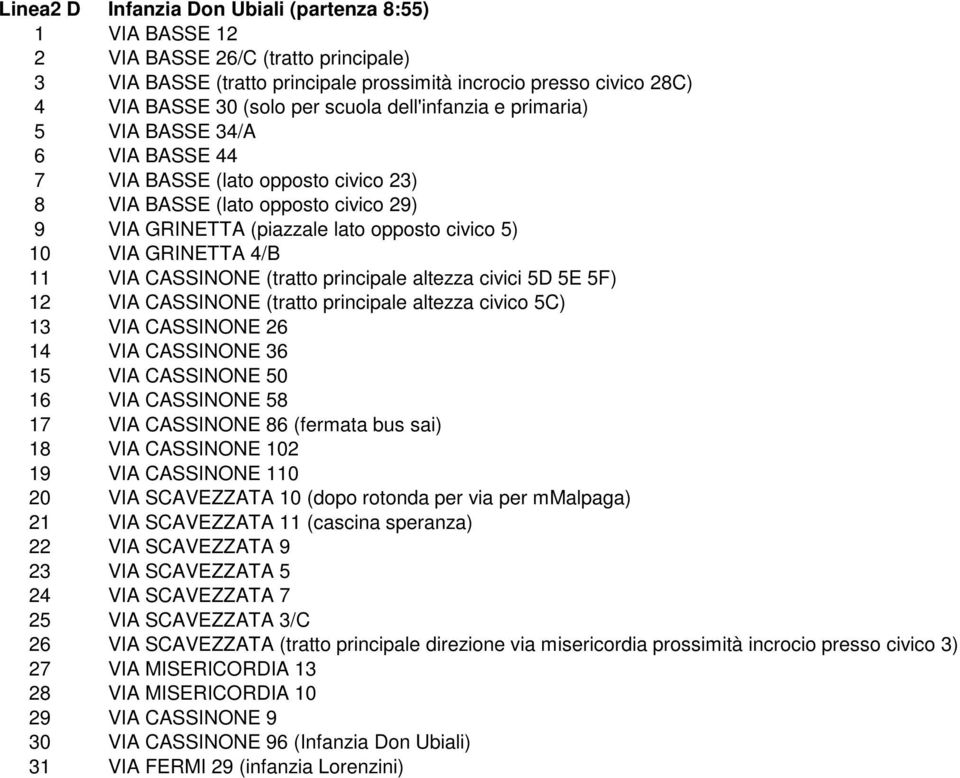 11 VIA CASSINONE (tratto principale altezza civici 5D 5E 5F) 12 VIA CASSINONE (tratto principale altezza civico 5C) 13 VIA CASSINONE 26 14 VIA CASSINONE 36 15 VIA CASSINONE 50 16 VIA CASSINONE 58 17