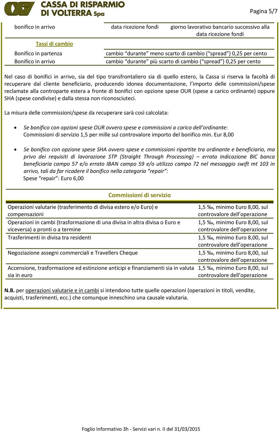 riserva la facoltà di recuperare dal cliente beneficiario, producendo idonea documentazione, l importo delle commissioni/spese reclamate alla controparte estera a fronte di bonifici con opzione spese