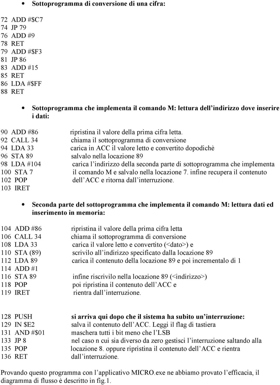 92 CALL 34 chiama il sottoprogramma di conversione 94 LDA 33 carica in ACC il valore letto e convertito dopodichè 96 STA 89 salvalo nella locazione 89 98 LDA #104 carica l indirizzo della seconda