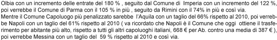 Mentre il Comune Capoluogo più penalizzato sarebbe l Aquila con un taglio del 66% rispetto al 2010, poi verrebbe Napoli con un taglio del 61% rispetto al