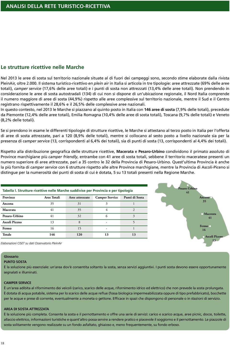 Il sistema turistico-ricettivo en plein air in Italia si articola in tre tipologie: aree attrezzate (69% delle aree totali), camper service (17,6% delle aree totali) e i punti di sosta non attrezzati
