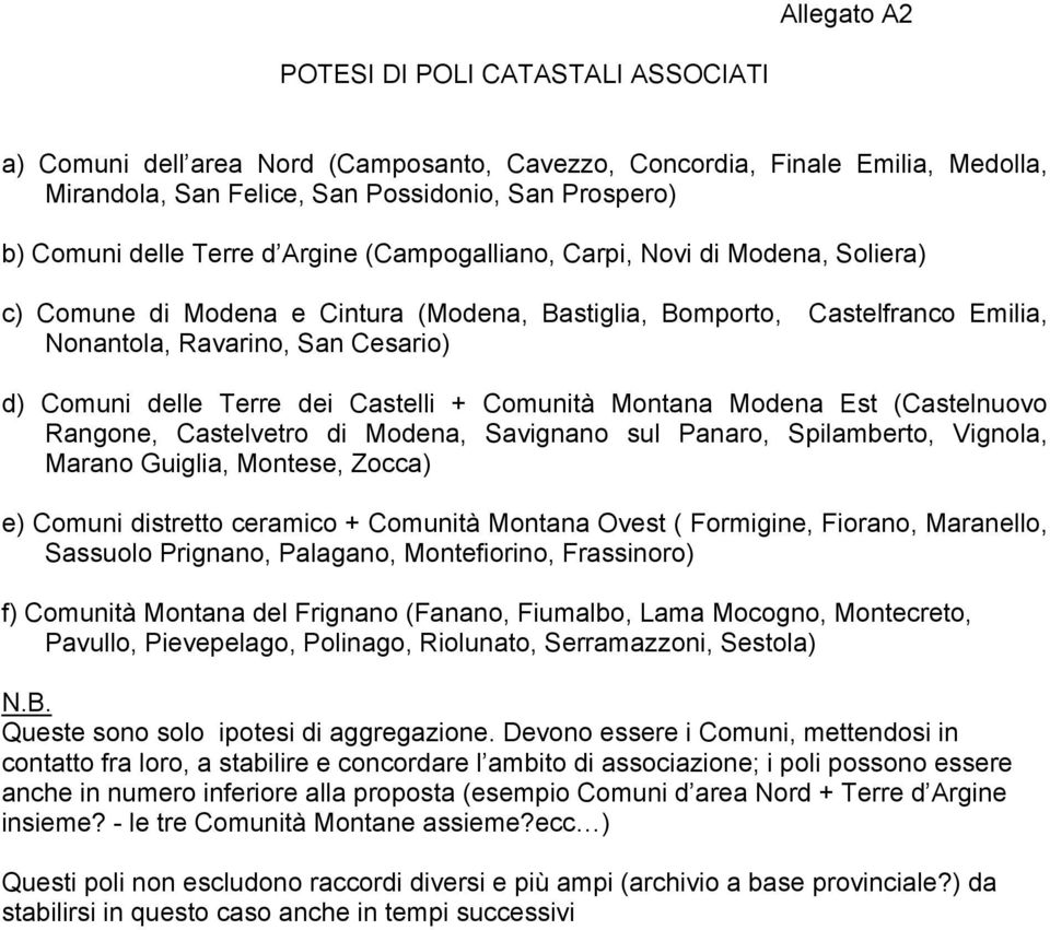 dei Castelli + Comunità Montana Modena Est (Castelnuovo Rangone, Castelvetro di Modena, Savignano sul Panaro, Spilamberto, Vignola, Marano Guiglia, Montese, Zocca) e) Comuni distretto ceramico +