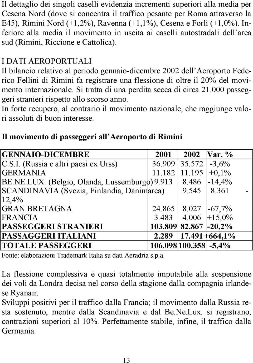 I DATI AEROPORTUALI Il bilancio relativo al periodo gennaio-dicembre 2002 dell Aeroporto Federico Fellini di Rimini fa registrare una flessione di oltre il 20% del movimento internazionale.