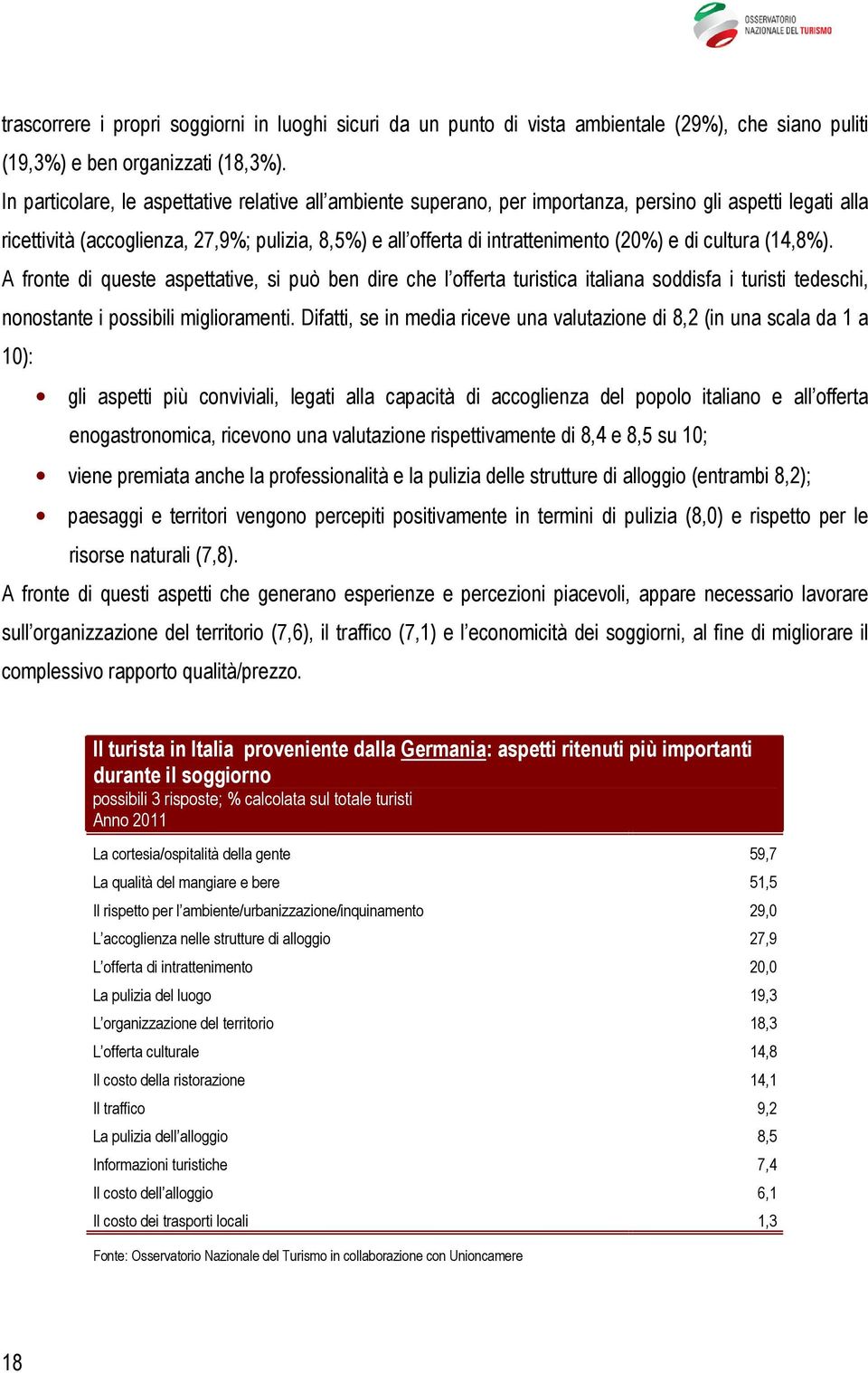 di cultura (14,8%). A fronte di queste aspettative, si può ben dire che l offerta turistica italiana soddisfa i turisti tedeschi, nonostante i possibili miglioramenti.