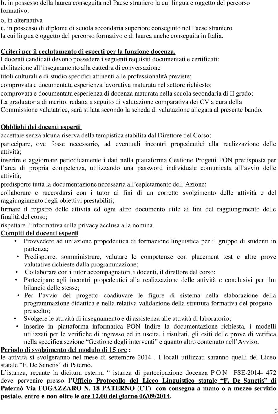 Criteri per il reclutamento di esperti per la funzione docenza.