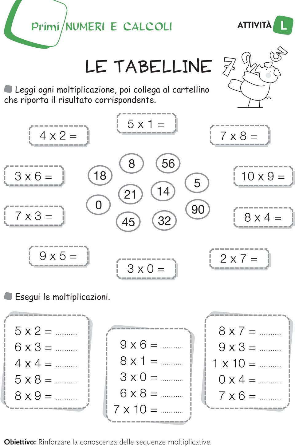 4 x 2 = 5 x 1 = 7 x 8 = 3 x 6 = 18 7 x 3 = 0 8 21 45 56 14 32 5 90 10 x 9 = 8 x 4 = 9 x 5 = 3 x 0 = 2 x 7 = Esegui le