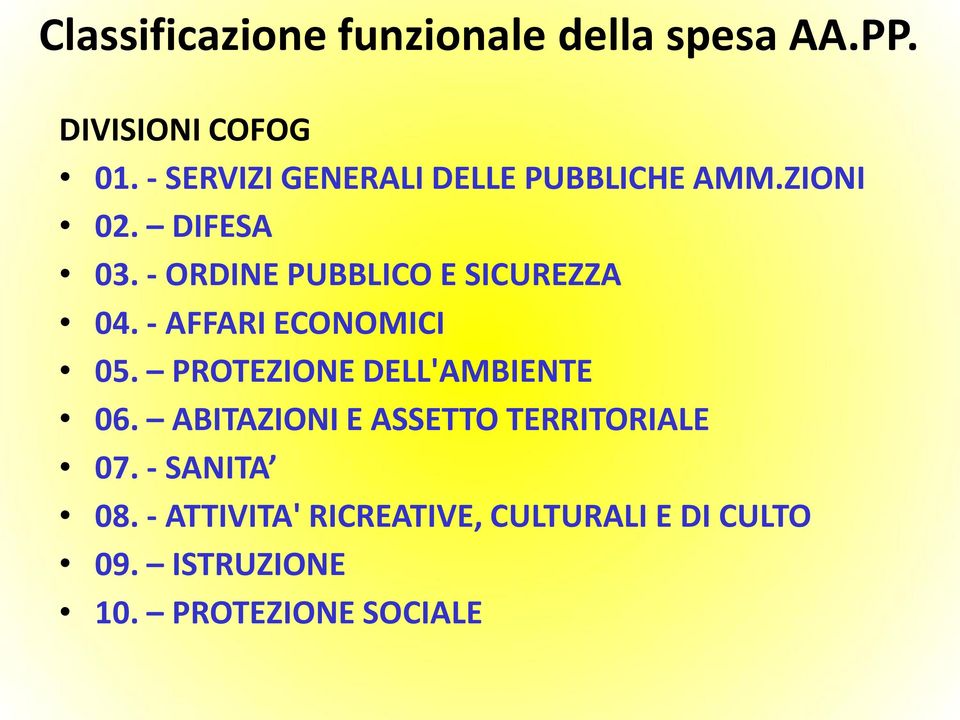 - ORDINE PUBBLICO E SICUREZZA 04. - AFFARI ECONOMICI 05. PROTEZIONE DELL'AMBIENTE 06.